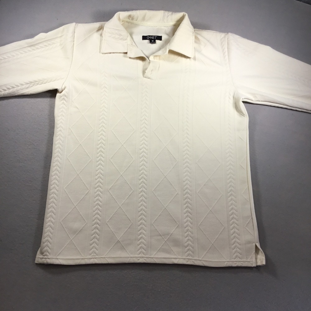 G-Net Mens Long Sleeve Polo Shirt Cream Textured Diamond Cable Knit Size M